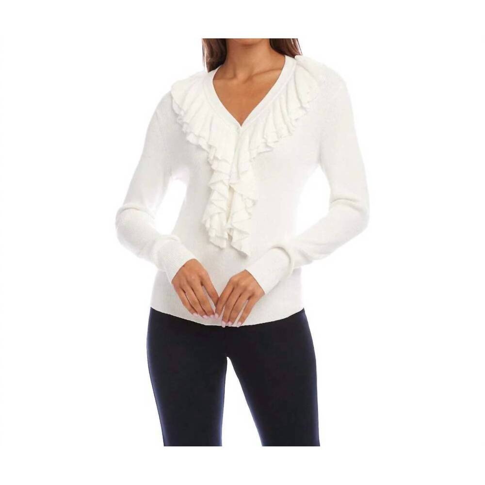 NEW KAREN KANE ruffle v-neck sweater in off white